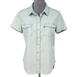 Levis Top Womens Medium Blue Cotton Pearl Snaps Blouse Western Coastal Cowgirl